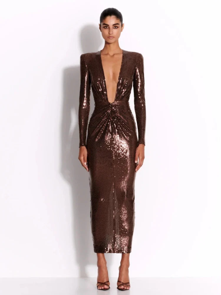 Brown Sequin Deep V Neck Long Sleeve Midi Dress