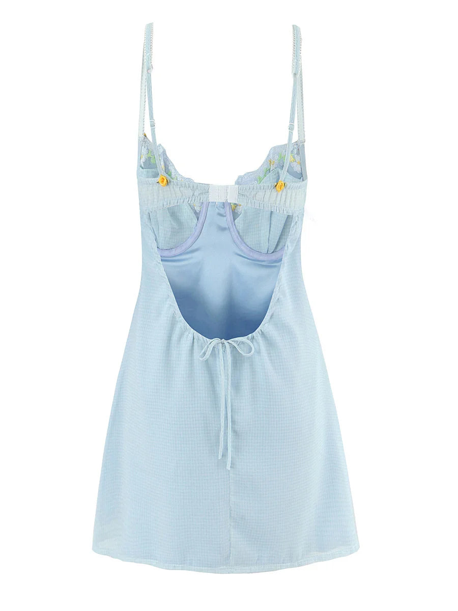 Blue Plaid Lace Up Babydoll  Mini Dress