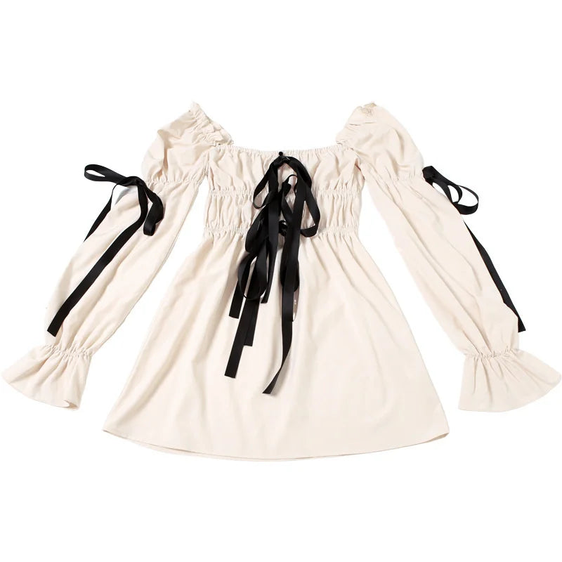 White Square Collar Bow Puff Mini Dress