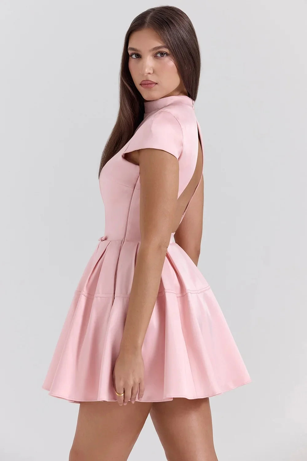 Pink Satin Mini Dress â€?Back Cutout & Flare Fit
