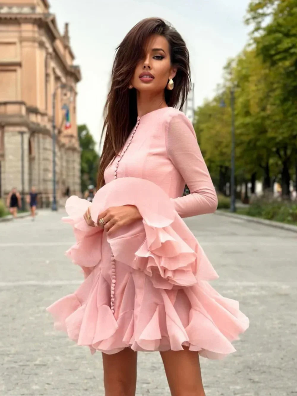 Frill Buttoned Long Sleeve Midi Dress