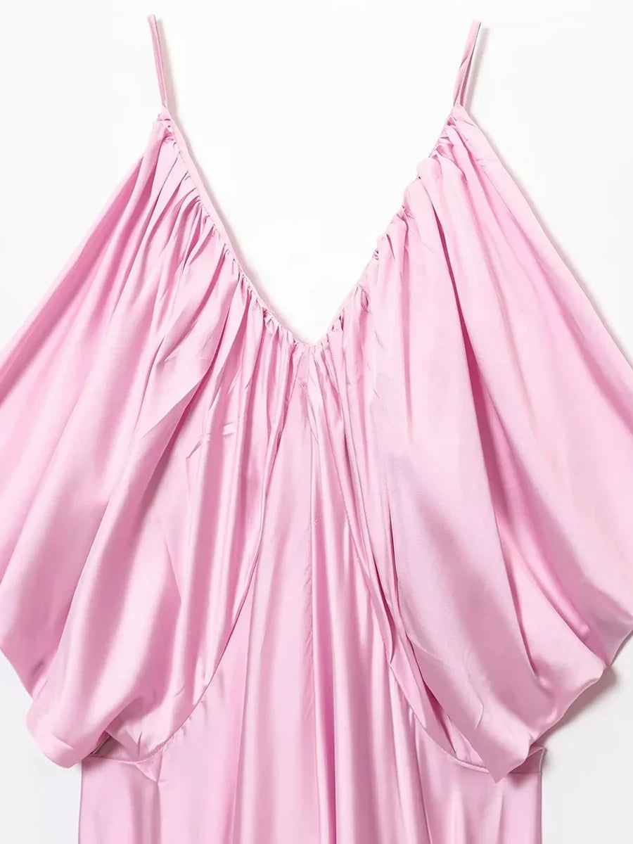 Pink Satin Drape Style Maxi Dress
