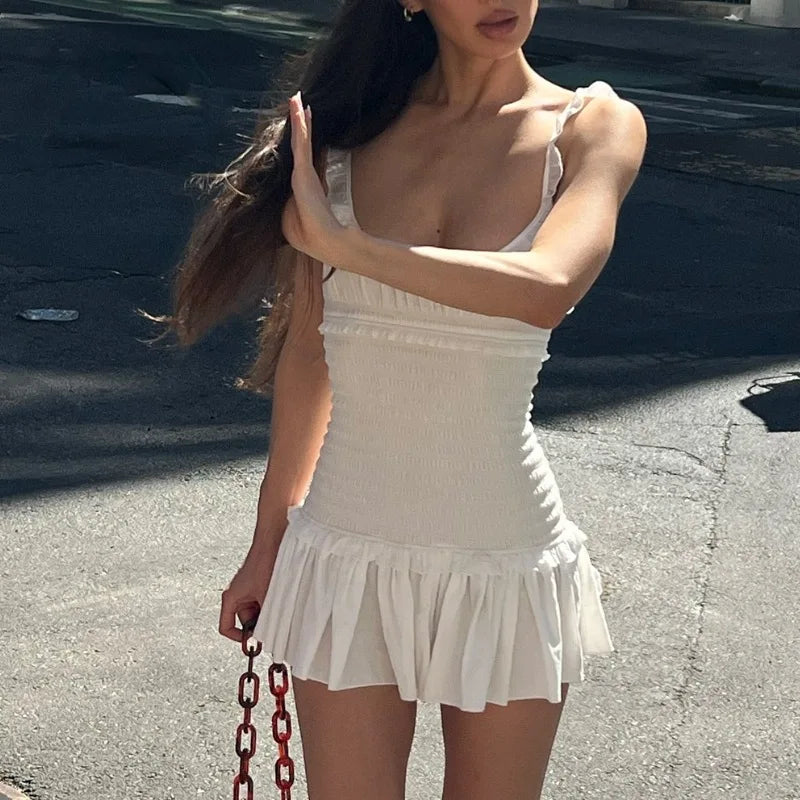 White Elastic Ruched Mini Dress