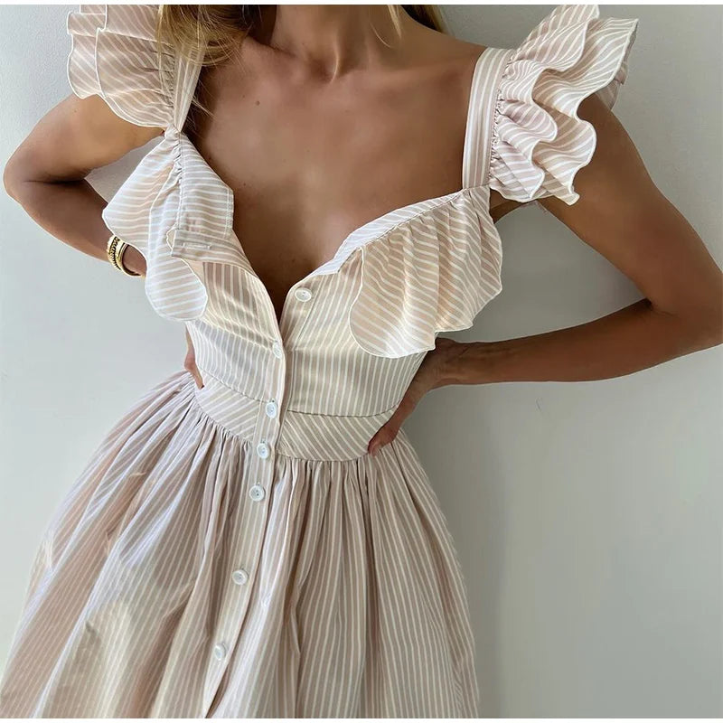 Ruffles Striped Square Collar Buttoned Long Dress