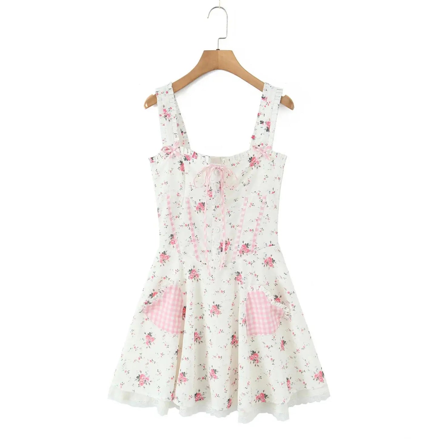 Pink Heart Pockets Floral Print Mini Dress