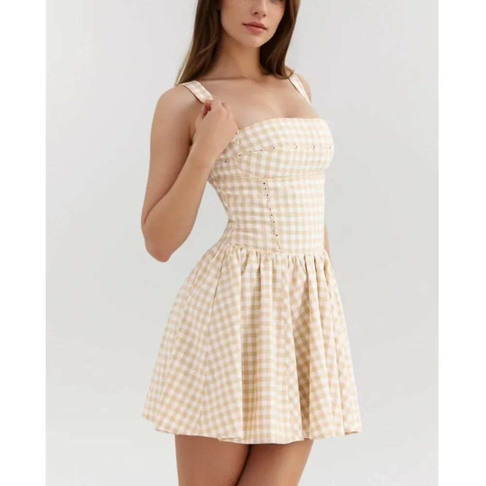 Khaki Plaid Strap Square Neck Mini Dress