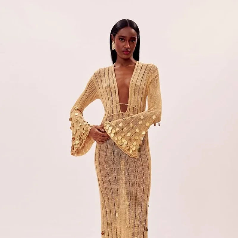 Beige Deep Neck Sequin Knitted Maxi Dress 