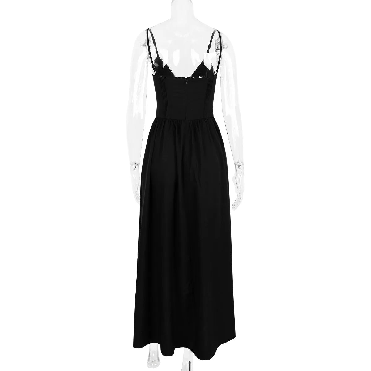 Black Buttoned  V-Neck Spaghetti Strap Maxi Dress