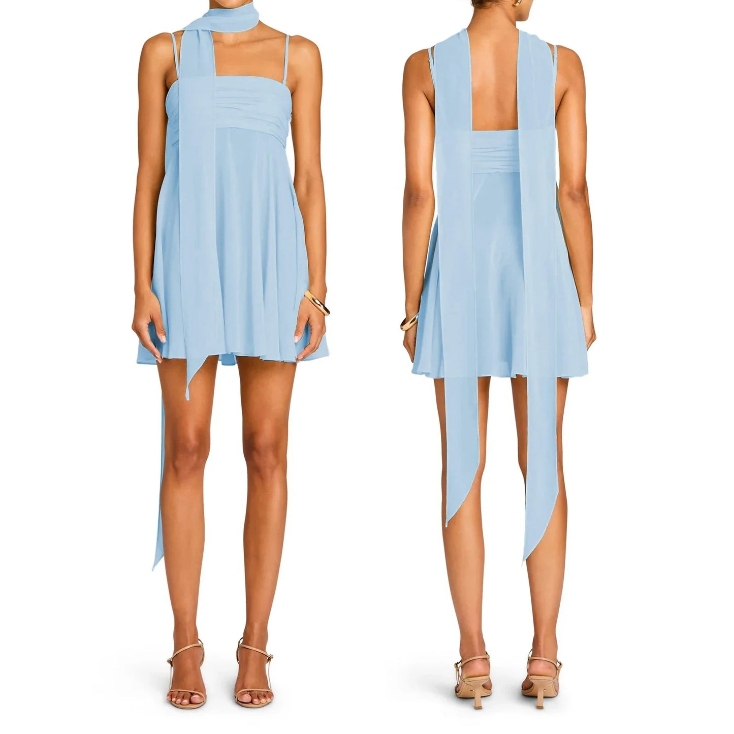 Spaghetti Strap Mesh Mini A-line Dress with Scarf