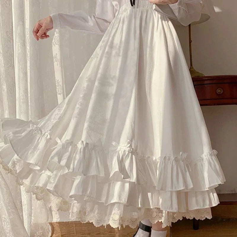 Ruffles Lace Trim Bow Maxi Skirt - Preppy A-Line