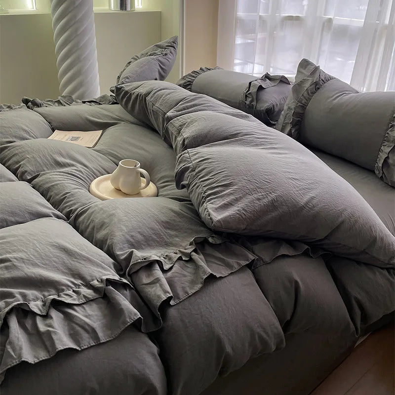 Ins Princess Bedding Set Double Layer Lace Simple Solid Duvet Cover Soft Wash Cotton 4pcs For Girl Spring Home Textiles