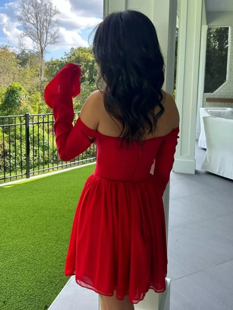 Off-shoulder Long Flare Sleeve Bow Mini Dress
