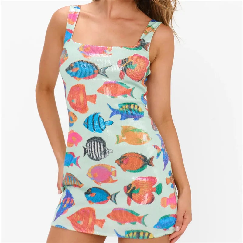 Sequin Square Collar Fish Print Mini Dress