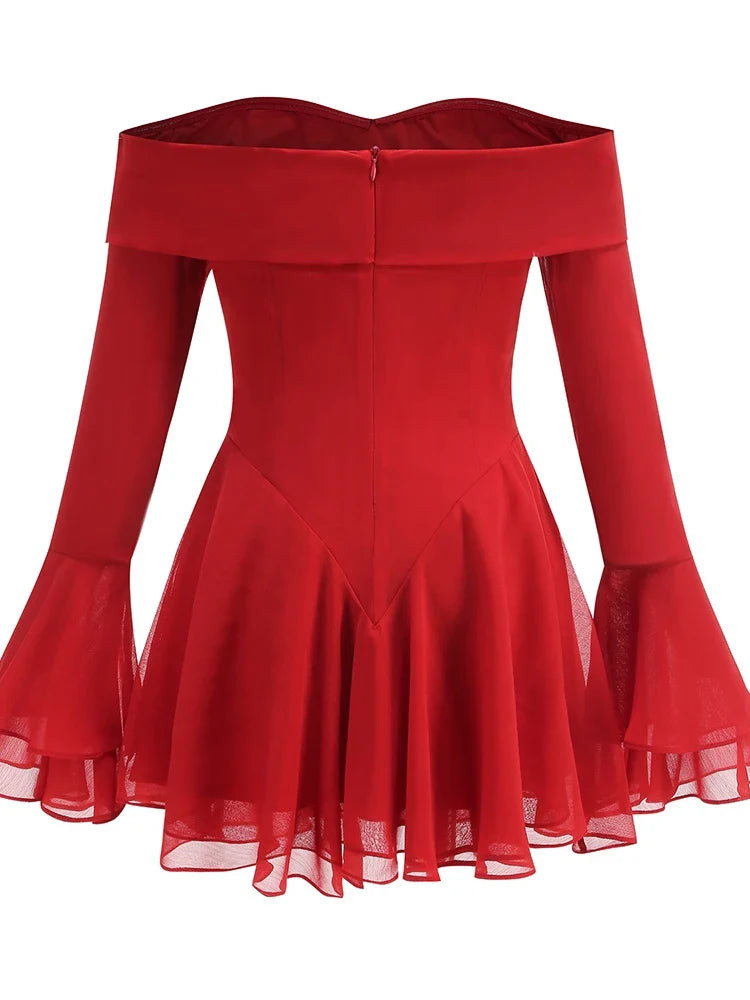 Off-shoulder Long Flare Sleeve Bow Mini Dress