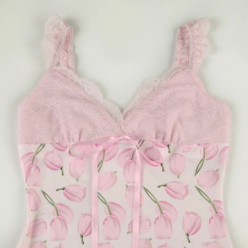 Pink Tulip Print Lace Strap Midi Dress