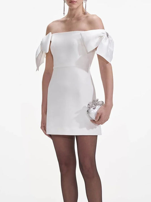 White Bowknot Strap Off-shoulder Mini Dress