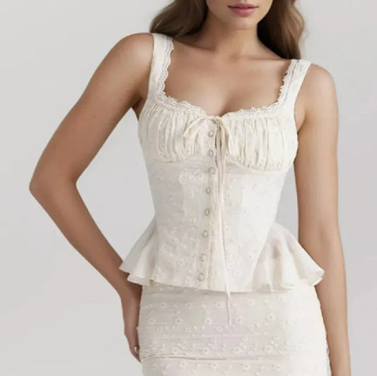 White Corset Buttoned Embroidered Top