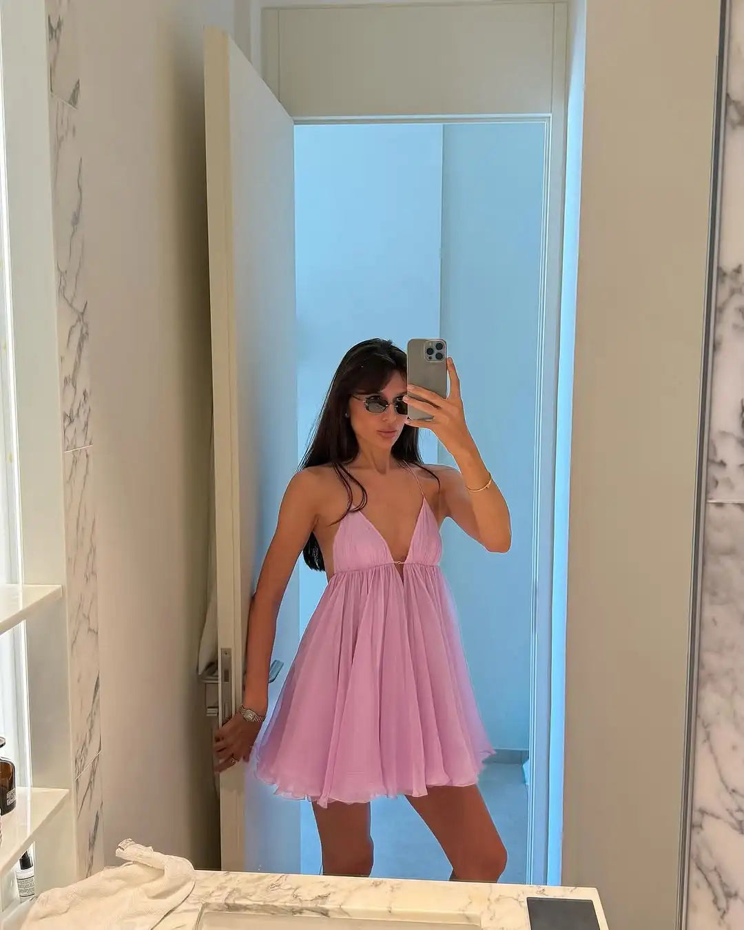 Chiffon Strap Mini Flare Dress - V-Neck A-Line