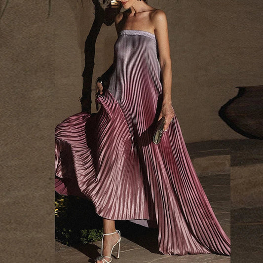 Pink Sleeveless Gradient Pleated Long Dress