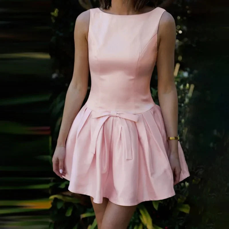 Pink Tank Bow Flare Mini Dress
