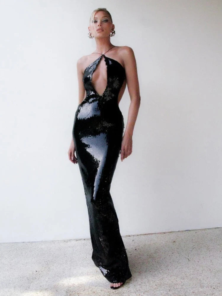 Sequin Cut Out Backless Strap Maxi Dress