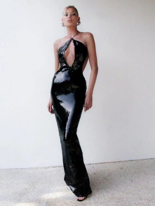 Sequin Cut Out Backless Strap Maxi Dress