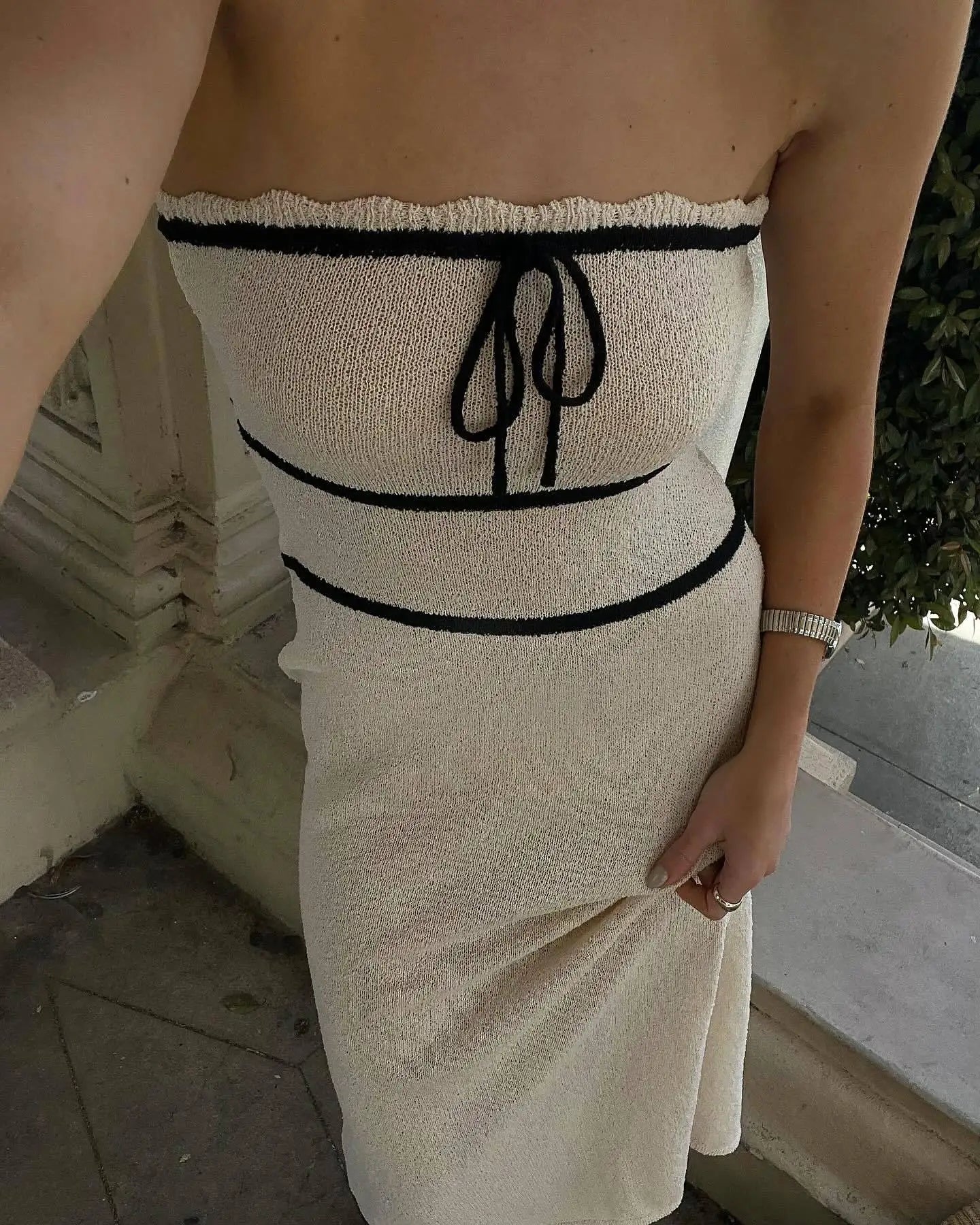 Knit Tube Black Stripe Tie-Up Midi Dress