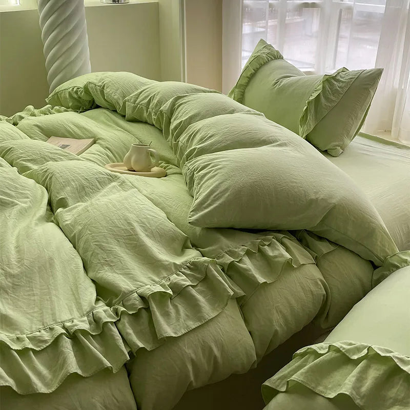 Ins Princess Bedding Set Double Layer Lace Simple Solid Duvet Cover Soft Wash Cotton 4pcs For Girl Spring Home Textiles