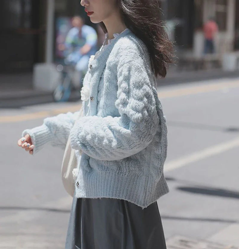 Blue Knitted Rose Buttoned Cardigan