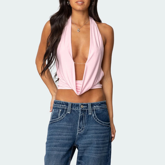 Deep Neck Halter Open Back Top
