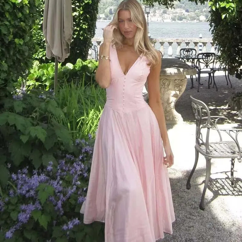 Pink Sleeveless V Neck A-line Midi Dress