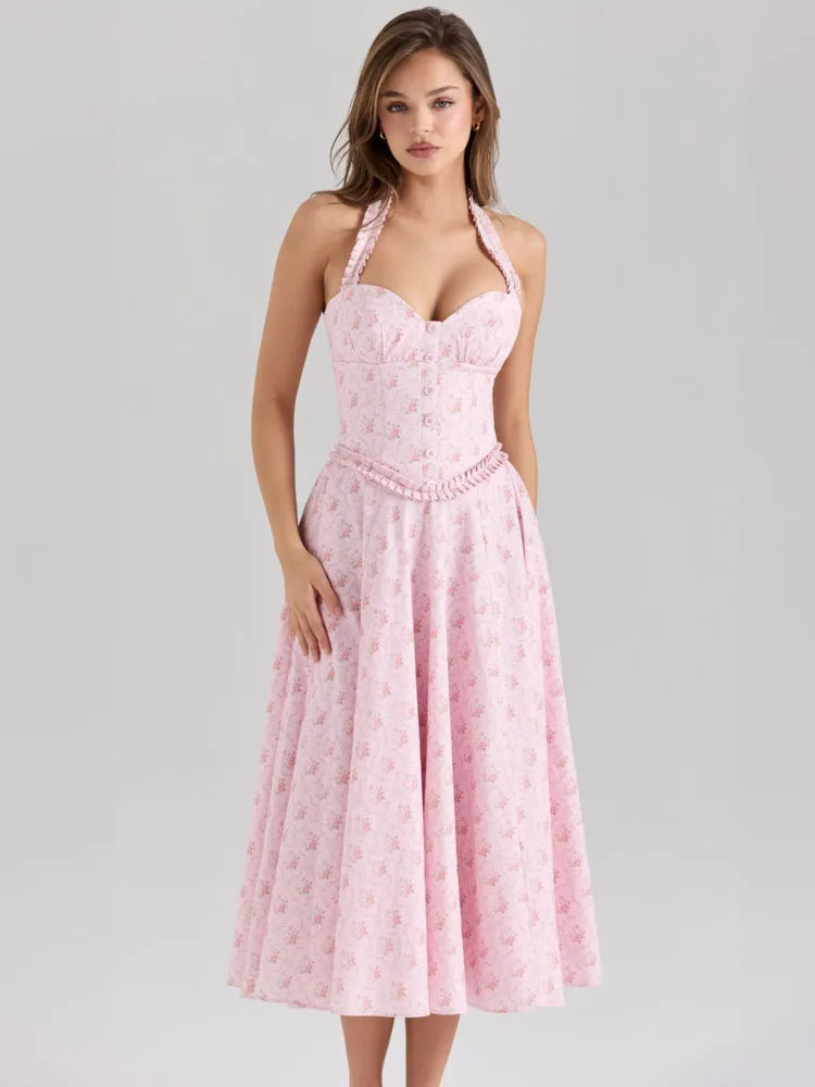 Pink Floral Print Braided A-line Midi Dress