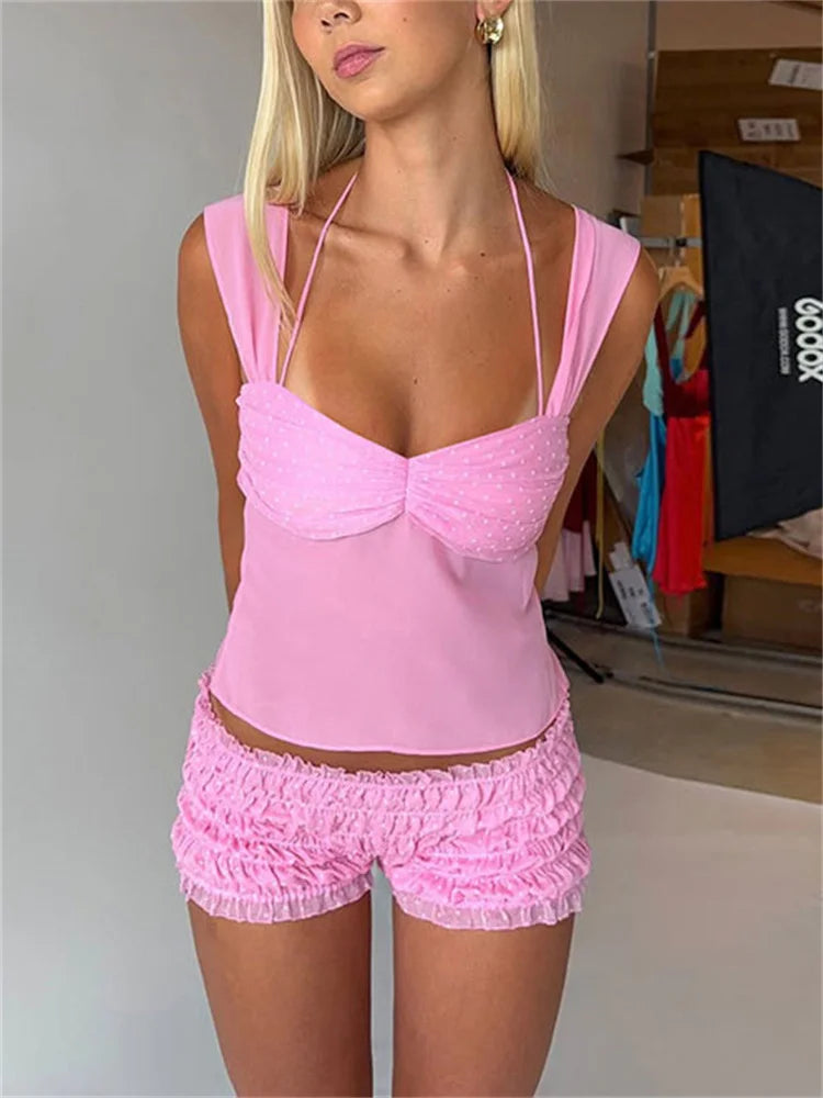 Sheer Top And Ruffles Shorts Set