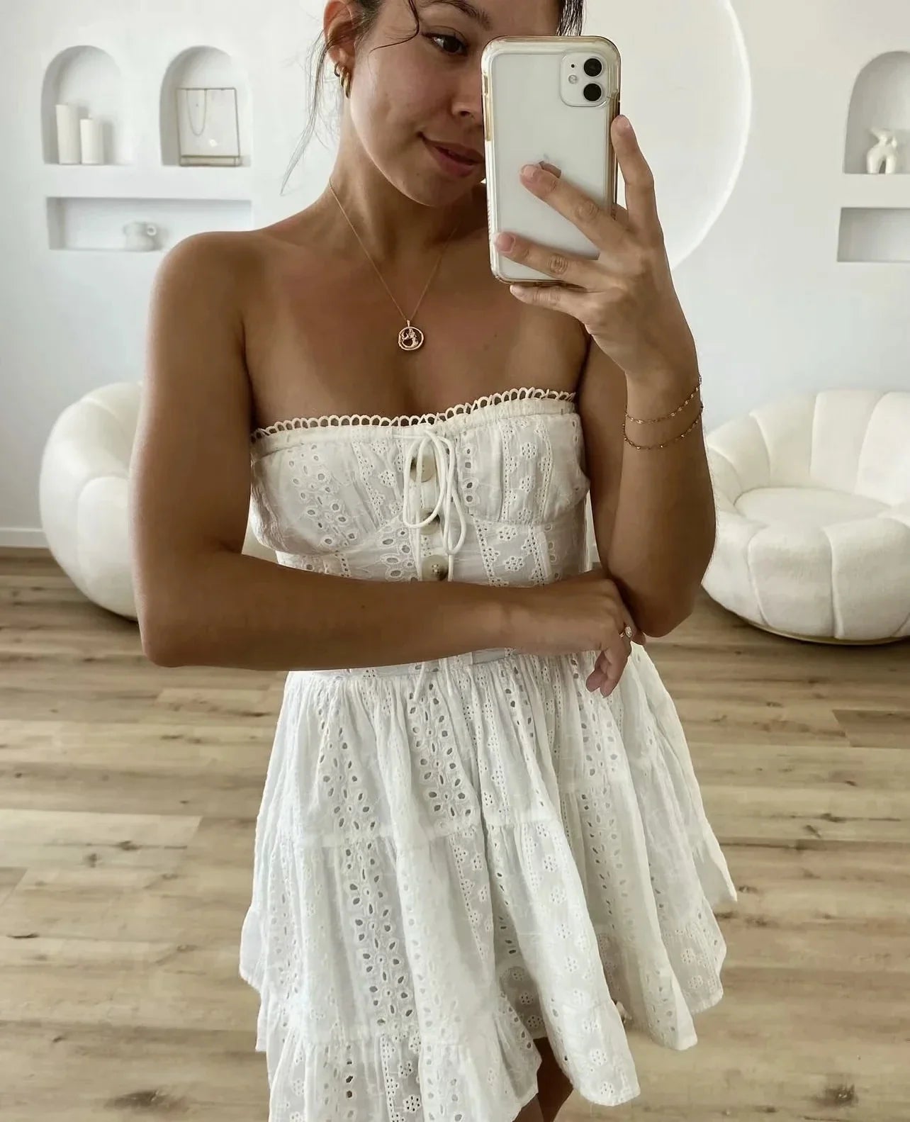 White Embroidered Strapless Mini Dress