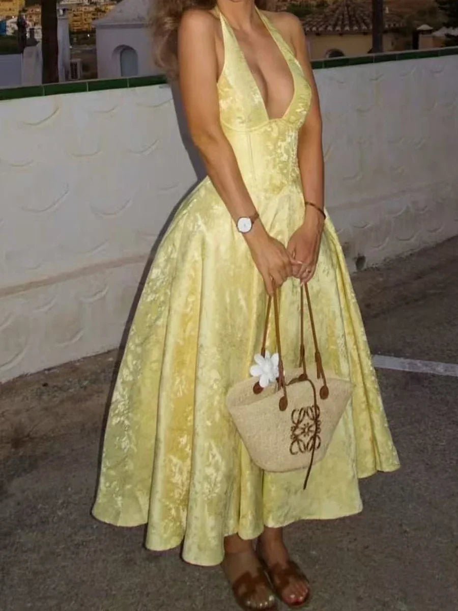 Satin Jacquard Deep Neck Print Flare Maxi Dress