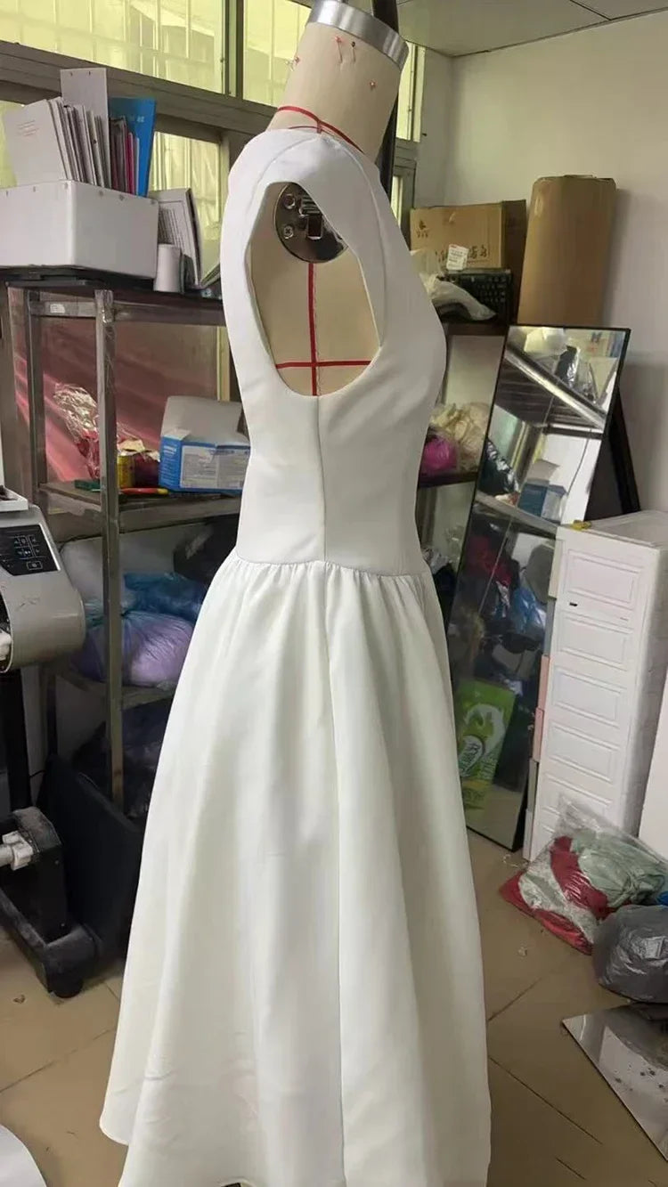 Solid Short Sleeve Flare High Neck Midi Dress