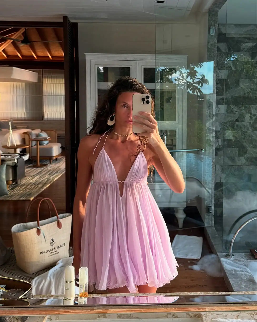 Chiffon Strap Mini Flare Dress - V-Neck A-Line