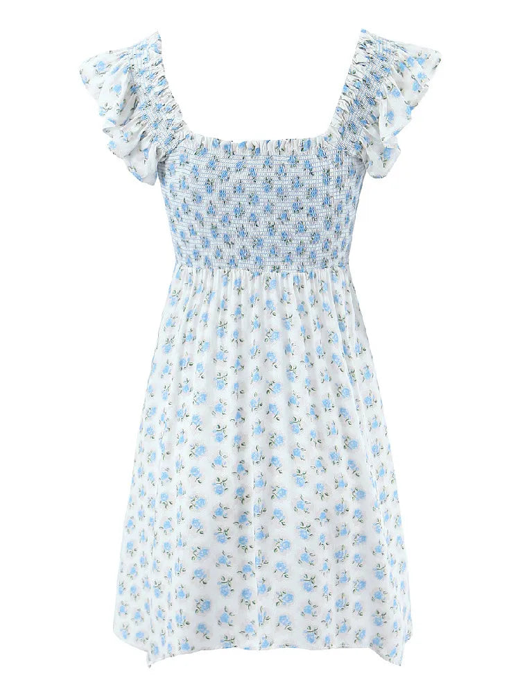 Blue Patchwork Printed Ruffle Strap Mini Dress