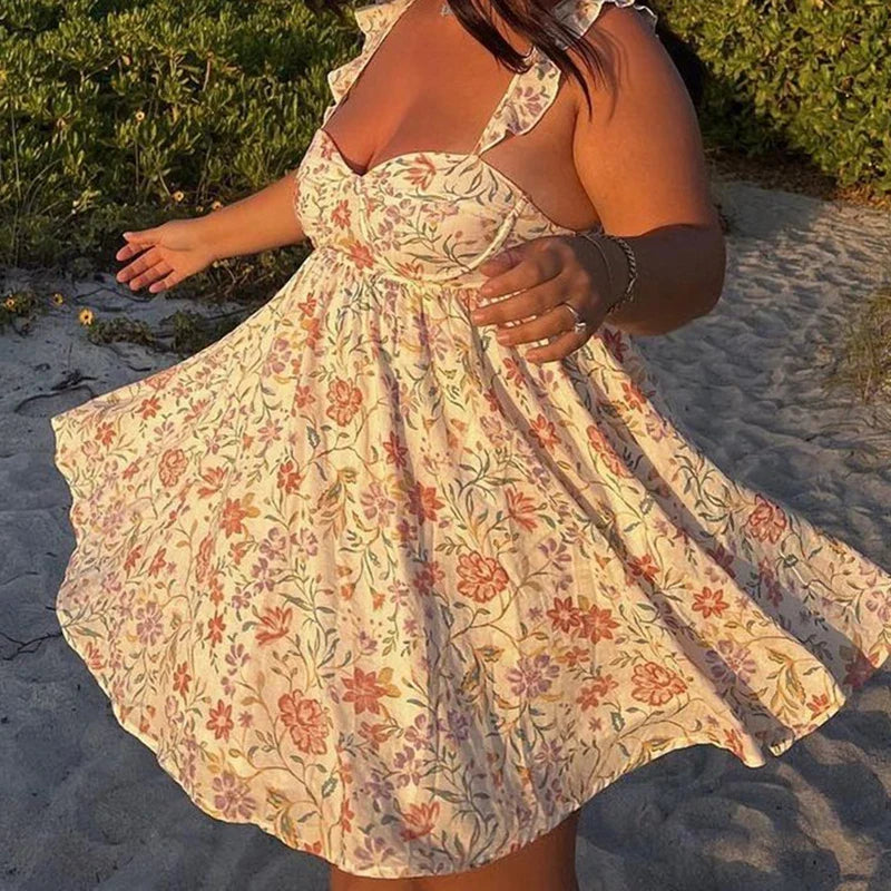Floral/Solid Frill Strap Flowy Mini Dress