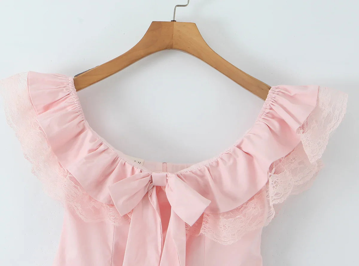 Pink Lace Ruffle Bow Off-shoulder Mini Dress
