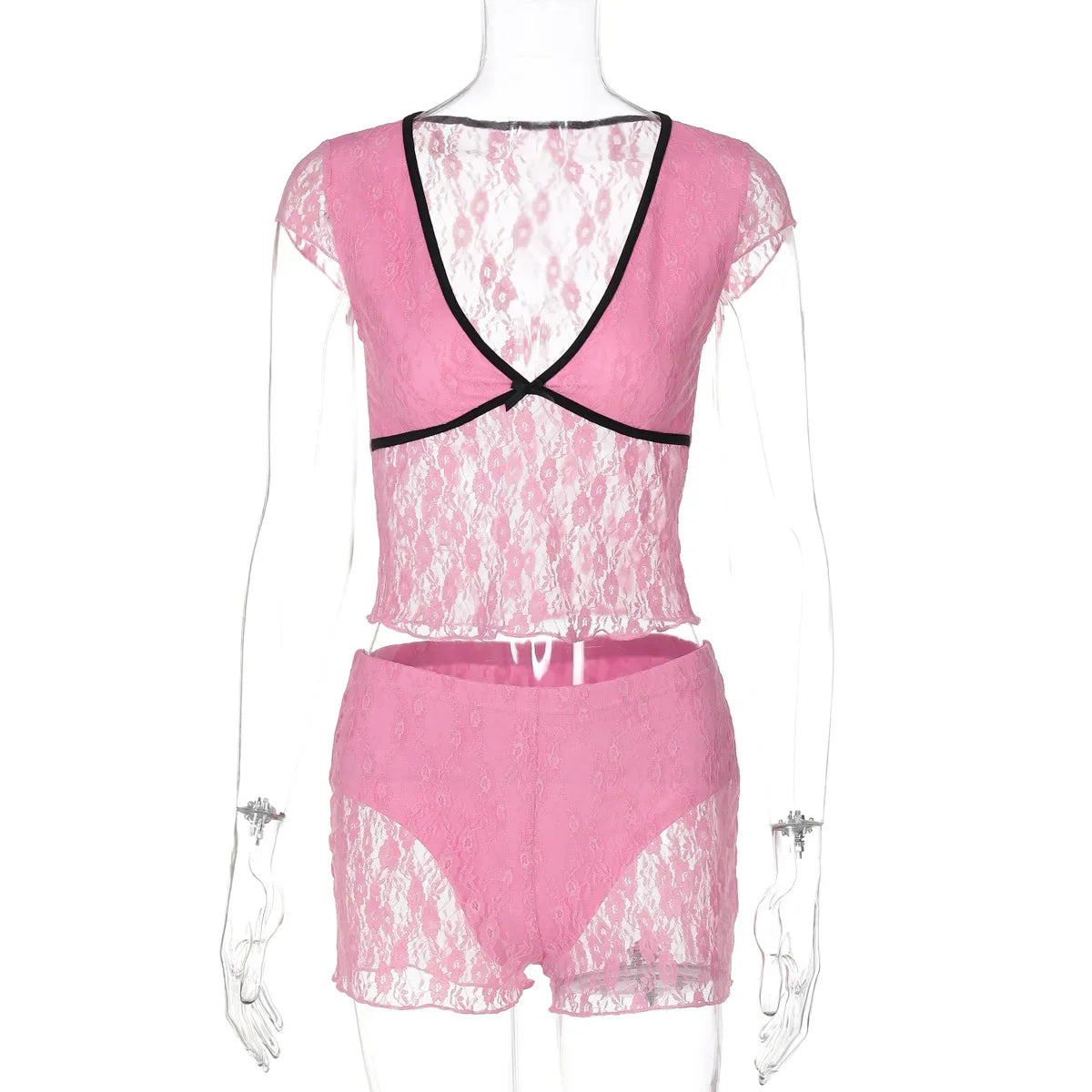 Pink Lace Crop Top And Shorts Set