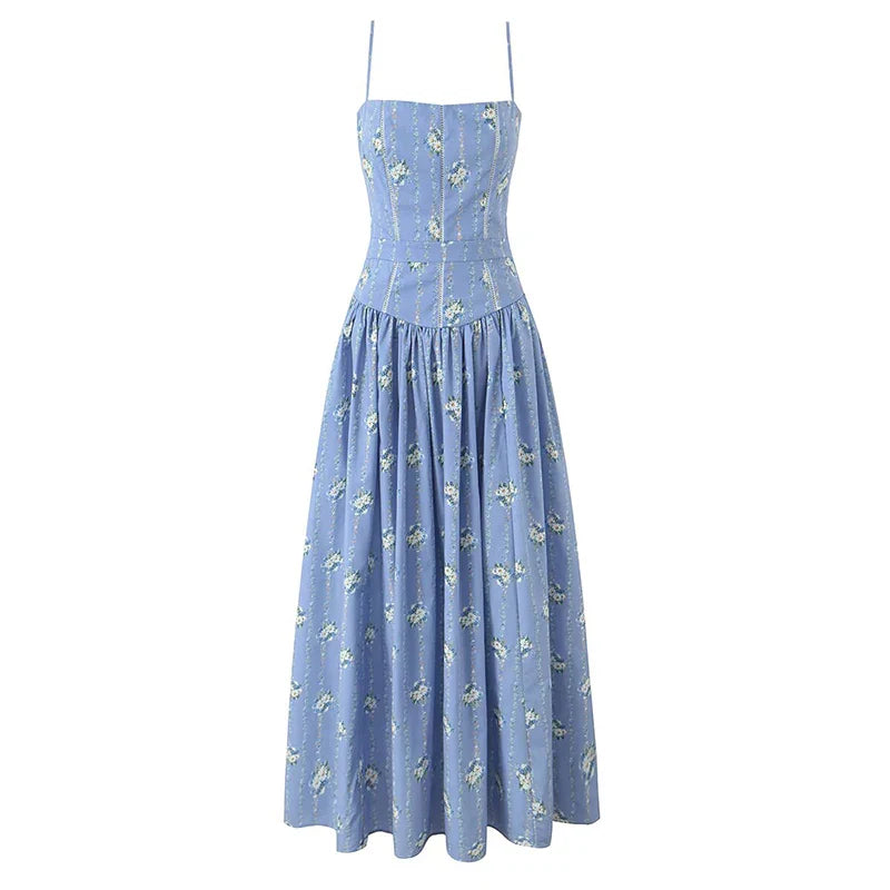 Purple Pleated Floral Print Strap Maxi Dress