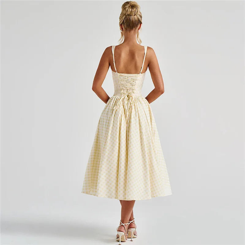 Plaid Printed Corset A-line Maxi Dress