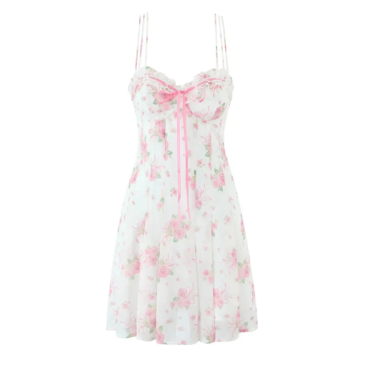 Pink Floral Bow Mesh Cami Mini Dress
