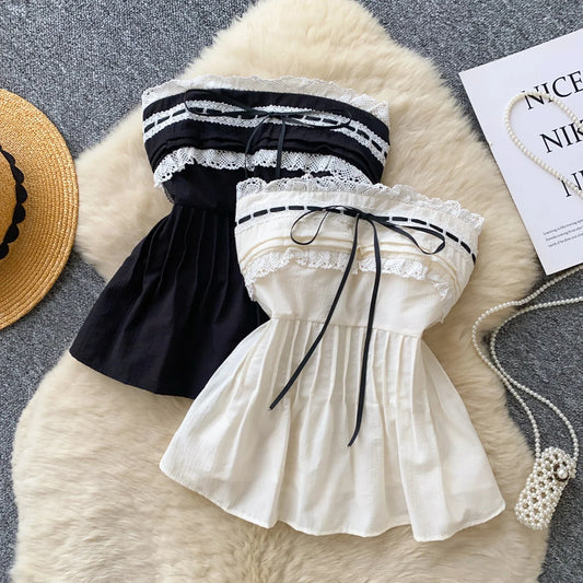Lace Up Elastic Ruched Tube Top