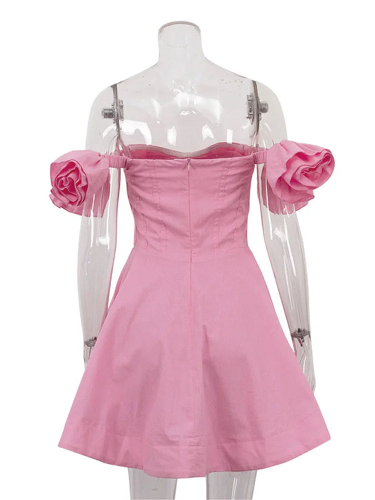 Pink Off-shoulder Frill Strap Mini Dress