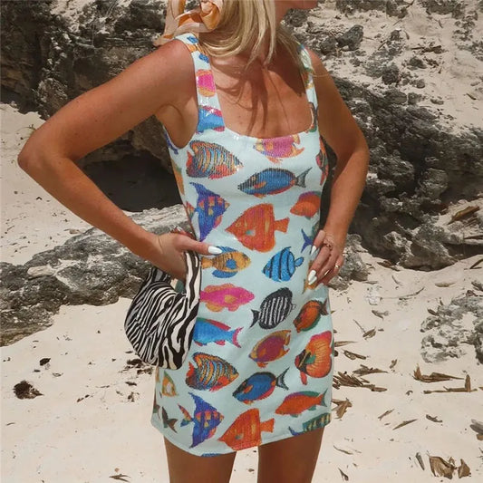 Sequin Square Collar Fish Print Mini Dress