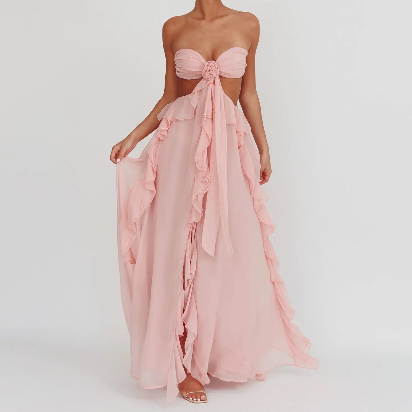 Ruffles Strapless Cut Out Tube Maxi Dress