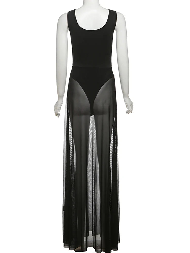 Maxi Sheer Bodysuit Cowl Neck Dress
