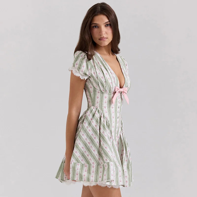 Plaid Print Puff Sleeve V-Neck Bow Flare Mini Dress